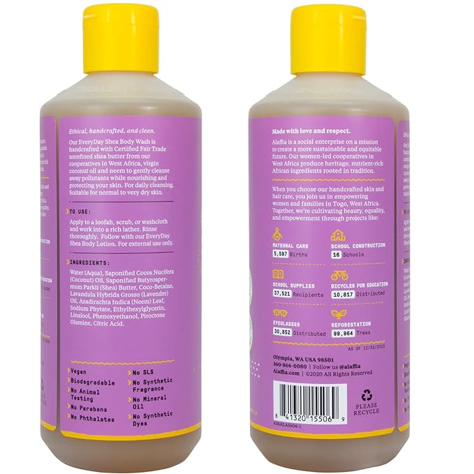 Alaffia Everyday Shea Body Wash, Naturally Helps Moisturize and Cleanse Without Stripping Natural Oils with Fair Trade Shea Butter, Neem, and Coconut Oil, Lavender, 2 Pack - 16 Fl Oz Ea