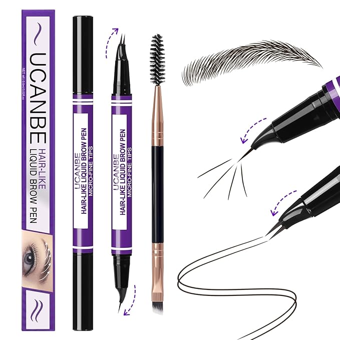 UCANBE Curved Eyebrow Pencils for Women with Spoolie Brush,Dual-Ended Eyebrow Pen with 2-Fork-Tip&Precise Brush-Tip,Microblading Brow Pen for Hair-Like Brows,Waterfool, Long Lasting,Black Brown