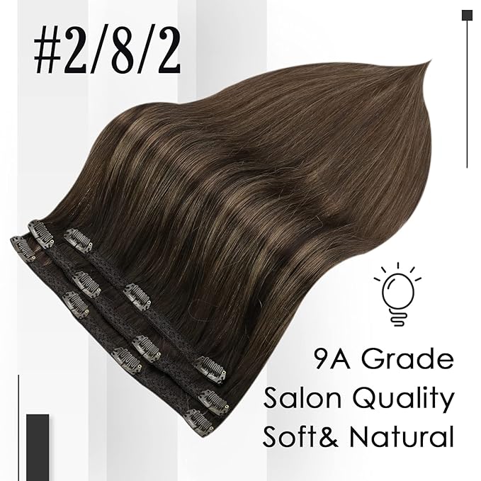 Full Shine Dark Brown Clip in Hair Extensions Ombre Human Hair Extension Brown Balayage 18 Inch Straight Lace Hair Extensions Real Human Hair Invisible Clip ins 3 Pcs 60 G