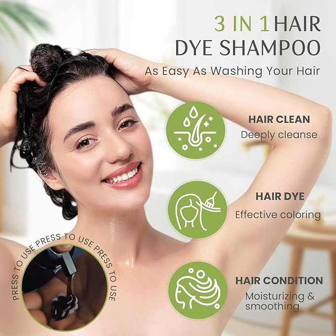 Black Hair Dye Shampoo 3 in 1, 100% Gray Reducing, Instant Hair Color for Gray Hair Coverage, Natural Black Shampoo Hair Dye for Women & Men, Easy To Use & Lasts 3-4 Weeks & All Hair Types, 16.9 fl.oz