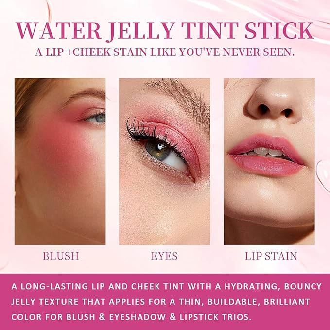 Lingyun 4 Colors Water Jelly Blush Tint, Long-Lasting Jelly Lip & Cheek Tint, Multi-Use Buildable Lip Tint + Blush,Effect 1,000+ Swipes Per Stick,Cute Stuff for Girls