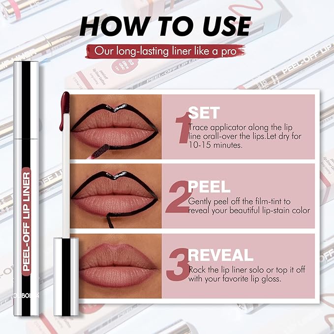 4 Colors Peel Off Lip Liner Stain Set for Women, Long Lasting Waterproof Non-Fading Matte Finish Lip Tint Stains with Tweezer Kit for All Skin Type, Up to 12 Hours (#00, 02, 03, 05)