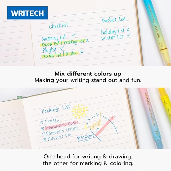 WRITECH Dual Tip Highlighter Markers: Aesthetic Fine & Chisel Tip Assorted Pastel Colors Marker Multicolor Pens Pack for Bible Highlighting Journaling Drawing 12ct