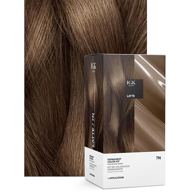 IGK Permanent Hair Dye Color Kit | 7N Latte - Dark Natural Blonde | 100% Gray Color Coverage + Strengthen + Shine | Ammonia Free (2 Pack)