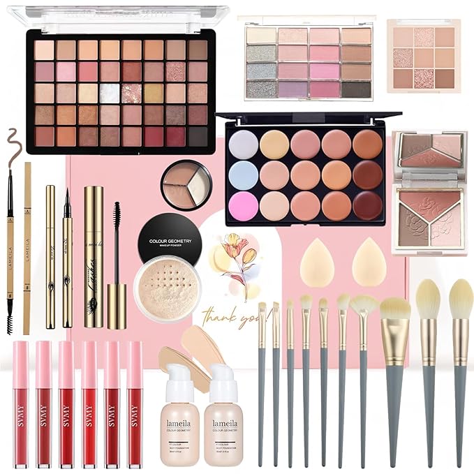 All in One Makeup Kit for Women Full Kit, Make Up Gift Set for Teens & Girls, Makeup Essential Bundle Include Foundation Eyeshadow Powder Contour Palette Lipstick Eyeliner Mascara Cosmetic Brush Set