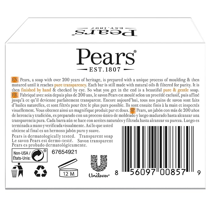 Pears Glycerin Soap, Transparent Amber with Natural Oils, 24-Pack – Pure & Gentle Cleanser for Soft, Glowing Skin, 4.4 Oz Ea