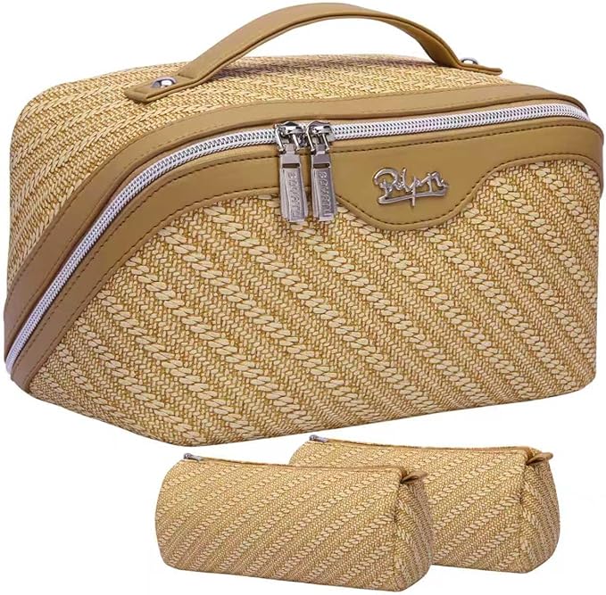 BOYATU Travel Makeup Bag Cosmetic Bags for Women: Large Capacity 3 Pcs Set Make up Bag with Compartments - Waterproof Vegan Leather Toiletry Organizer Bags with Handle (Z-Brown)
