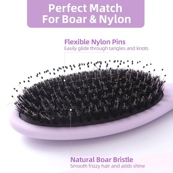 Boar Bristles Hair Brush for Women and Men, Detangling Hair Brush for Smoothing Massage Add Shine, Nylon&Boar Bristles Detangler brush for Hair Healthy (Purple&White)