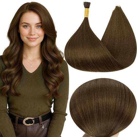 Full Shine I Tip Hair Extensions Human Hair 20 Inch Soft Straight Long Hair Pre Bonded Extensions Color 4 Brown Itip Human Hair Extensions Real Remy Hair for Women 40 Grams