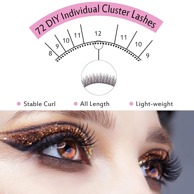 Lash Clusters, 72 Pcs Individual Cluster Lashes DIY Lash Extension 8-16mm Eyelash Clusters Natural Wispy Lashes Super Thin Band Reusable Soft & Comfortable(Natural-D-8-16mix)