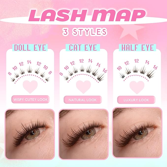 Lash Clusters Spiky Brown Manga Lash Clusters Looks Like Eyelash Extensions 144Pcs 8-16MM C Curl Doll Anime Cluser Lashes Thin Band Soft Doe Eyed Individual Lashes (Lavender-Brown)