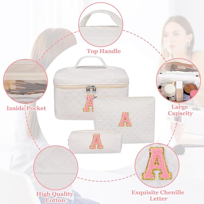 Initial Makeup Bag, Personalized Monogram Cosmetic Bag Set, Large Make up Bags | Travel Toiletry Bag | Makeup Bag for Girls Teen Girl Friend Sister Wife Girlfriend Gifts Daughter (Letter A)