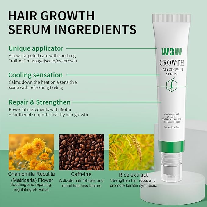 W3W Hair Growth Serum with Rosemary, Fermented Rice & Caffeine - Roll-On Scalp Treatment for Thinning Hair, No Minoxidil, Fast-Absorbing, Non-Greasy Formula for Women & Men
