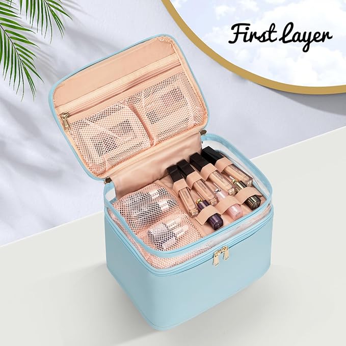 OCHEAL Large Makeup Bag, Double Layer Makeup Bag, Vertical Storage Cosmetic Case for Women/Girls with Multiple Compartments-Blue-xl