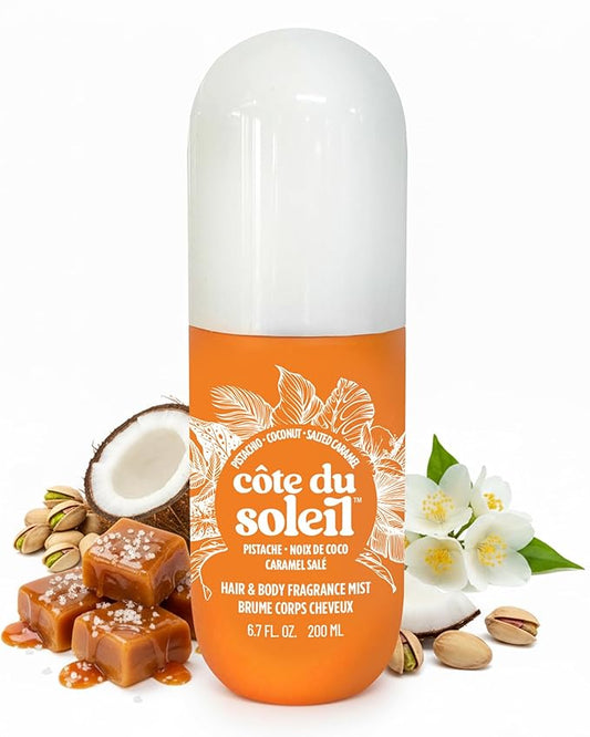 PB ParfumsBelcam Côte du Soleil Pistachio Coconut Caramel Hair & Body Fragrance Mist – Warm Beachy Gourmand Spray with Jasmine – All Day Hair Perfume & Refreshing Body Spray, 6.7 fl.oz