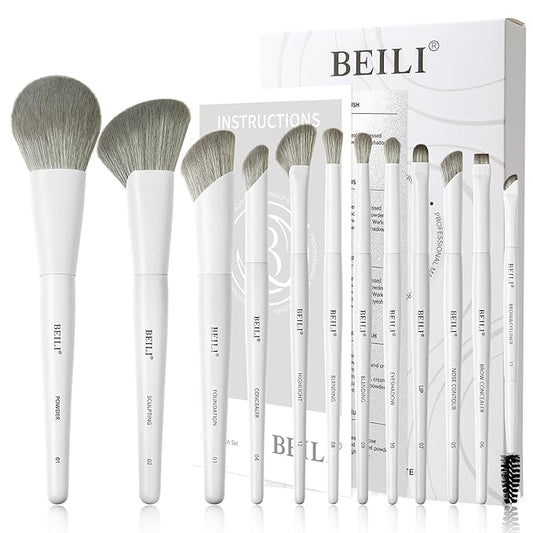 BEILI Makeup Brush Set,White Makeup Brush Set, 12 Vegan Makeup Brushes for Powder Foundation, Concealer, Eyebrows, Eyeshadow, Contour, Eyeliner, Blender Eye Brush (White)