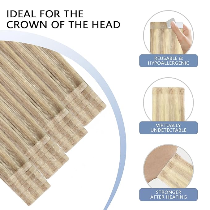 COOKAYU Tape in Hair Extensions Human Hair, Ash Blonde and Platinum Blonde Seamless Injected Tape in Human Hair 20pcs/pack 14Inch 30g Invisible Invisi Edge Extensions