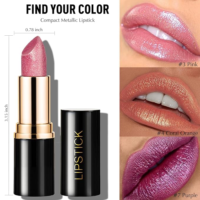 Glitter Lipstick Purple Shimmer, Metallic Lip Stick Long Lasting Waterproof Pearl Diamond Cream Lipstick Makeup Sparkle High Pigmented Shine Moisturizing Lip Balm Non Stick Cup for Women