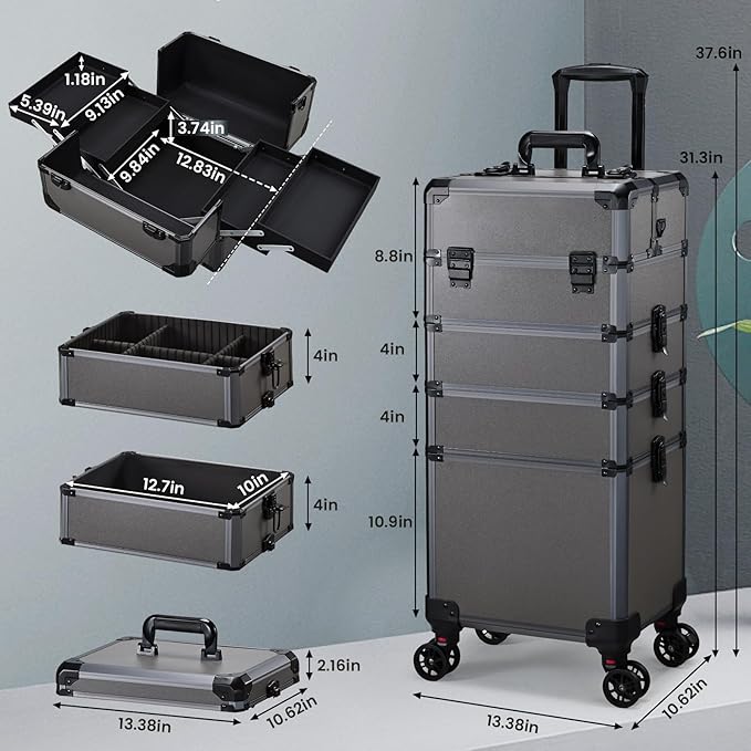 FRENESSA Rolling Makeup Train Case Cosmetology Case on Wheels 5 in 1 Makeup Case with Lid Rolling Large Make Up Organizer for Artist Barber Salon Nail Teach Kits Professional Cosmetic Box Grey