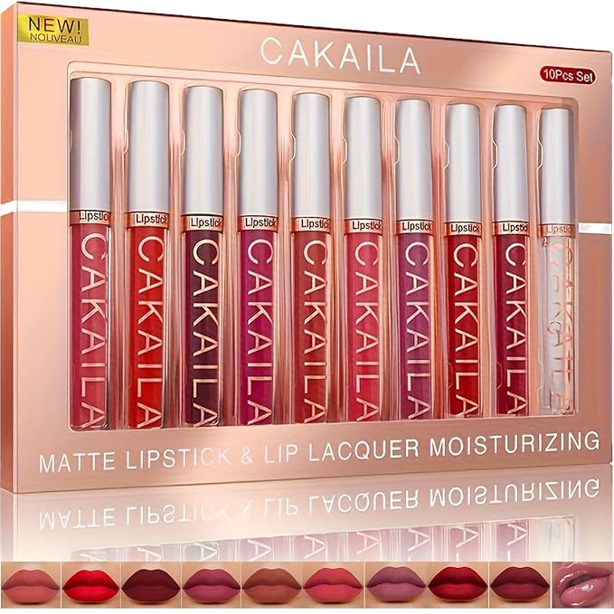 9 Pcs Liquid Lipsticks and Lip Lacquer Set Matte Rich Red Colors Lipstick with Waterproof and Long-Lasting Soft Lip Gloss for Women and Gift (10 Pcs-B)