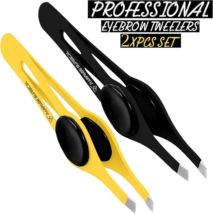 Professional Eyebrow Tweezers Slanted Tip Stainless Steel 2,3xPcs Set, Non-Slip Grip Slant Tip Tweezers for Facial Hair, Plucking Removing Ingrown Hairs, Tweezer for Women Men (Black&Yellow)