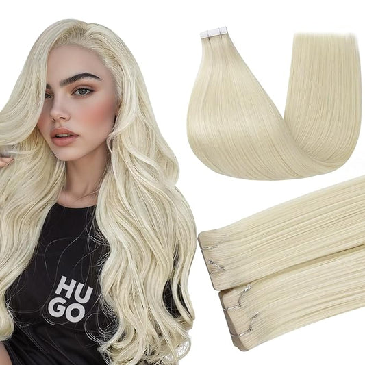 Full Shine Injection Tape in Hair Extensions Color 60 Blonde Injected Tape in Extensions Human Hair 18Inch Remy Invisible Seamless Intact Skin Weft 50Gram Natural Straight for Women 20Pcs