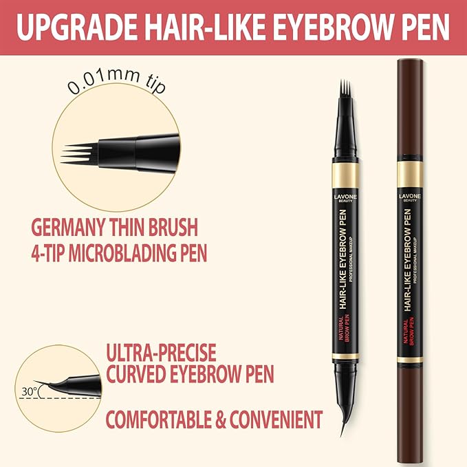 LAVONE Eyebrow Pen, 2-in-1 Eyebrow Pencils for Women with 4 Tip Microblading Eyebrow Pencil and Curved Precise Brow Pencil, Waterproof Eyebrow Pencil Create Full, Natural Hair-Like Brows, Ebony