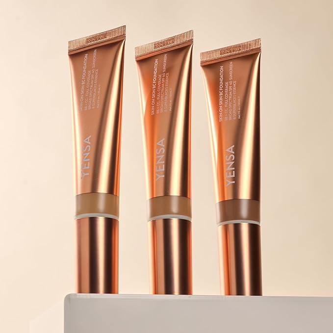 YENSA Skin on Skin BC Foundation Makeup - CC, BB Cream & Full Coverage Foundation-In-One - Buildable, Radiant Finish with SPF 40, Hyaluronic Acid, Peptides & 8 SuperBlacks - Tan Golden (1 oz)