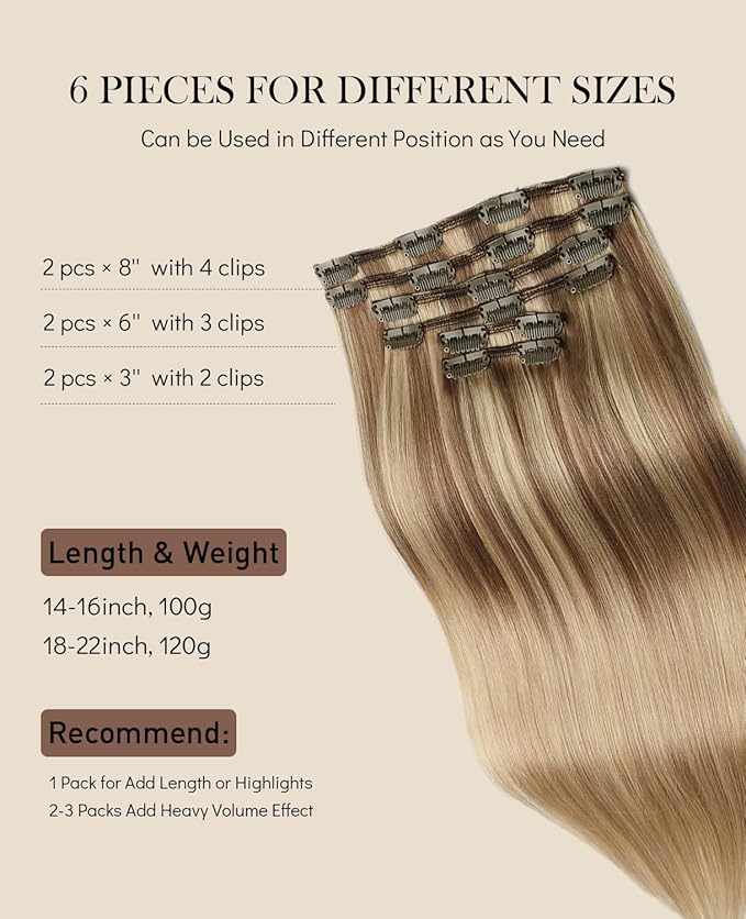 VINBAO Clip in Hair Extensions Human Hair 20 Inch 6pcs 120g Balayage Ash Brown to Caramel Blonde Hair Extensions Clip in Human Hair Extension (#10/16/16,20'')