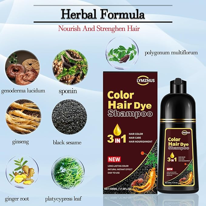 Herbal Dark Brown Hair Coloring Shampoo for Women and Men - 3 in 1 for Gray Coverage, 100% Gray to Brown Hair Color, 500ml