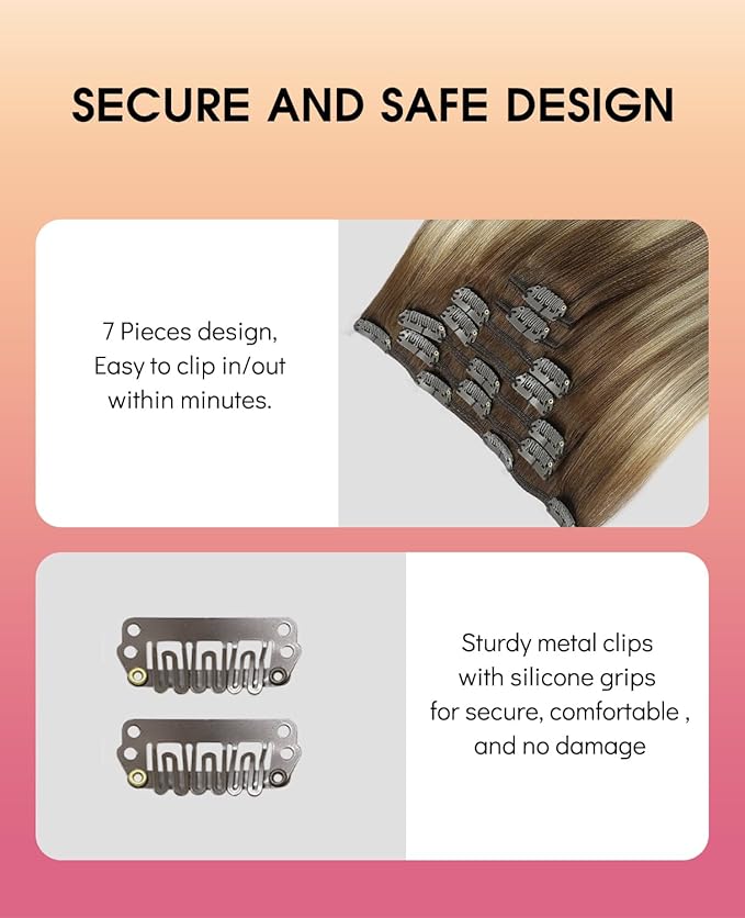 Youngsmile Clip in Hair Extensions Real Human Hair, Remy Human Hair Extensions Clip in Easy to Install 7Pcs 120g 14in, Balayage Brown to Light Brown mixed Light Blonde (CLIP#3/8/22-14Inch)