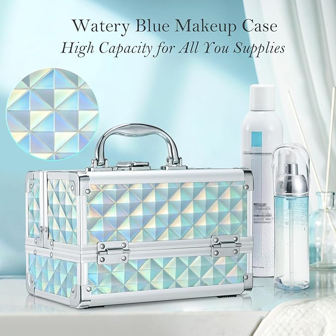 FRENESSA Makeup Case Portable Makeup Box Organizer Travel Cosmetic Case Storage with Mirror Locking Make Up Cases Organizers and Storage for Girls Nail Supplies Cosmetology Case Vanity Case Blue