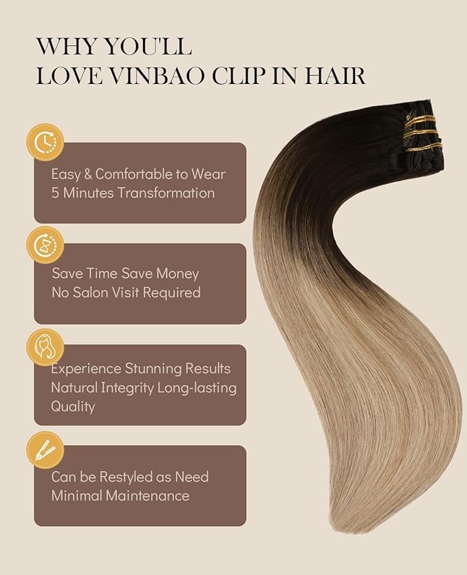 VINBAO Long Clip in Hair Extensions, Balayage Ombre Brown to Dirty Blonde Clip in Extensions Real Human Hair Silky Straight Double Weft 6pcs 22 Inch 120g (#2/6/18, 22)