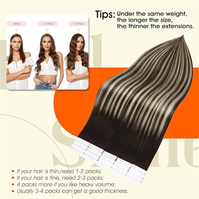 Full Shine Remy Tape in Hair Extensions Real Human Hair Color 2/60/2 Brown Ombre Blonde Highlight Brown Human Hair Extensions Tape in 20Inch Long Straight Hair Extension 50G 20Pcs