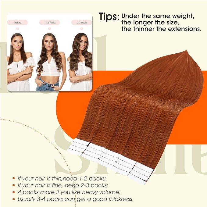 Full Shine Tape in Extensions Color 550 Red Orange Double Sided Tape in Hair Extensions Human Hair 12Inch Short Straight Extension 30Gram 20Pcs Remy Seamless Skin Weft Long Lasting Natural