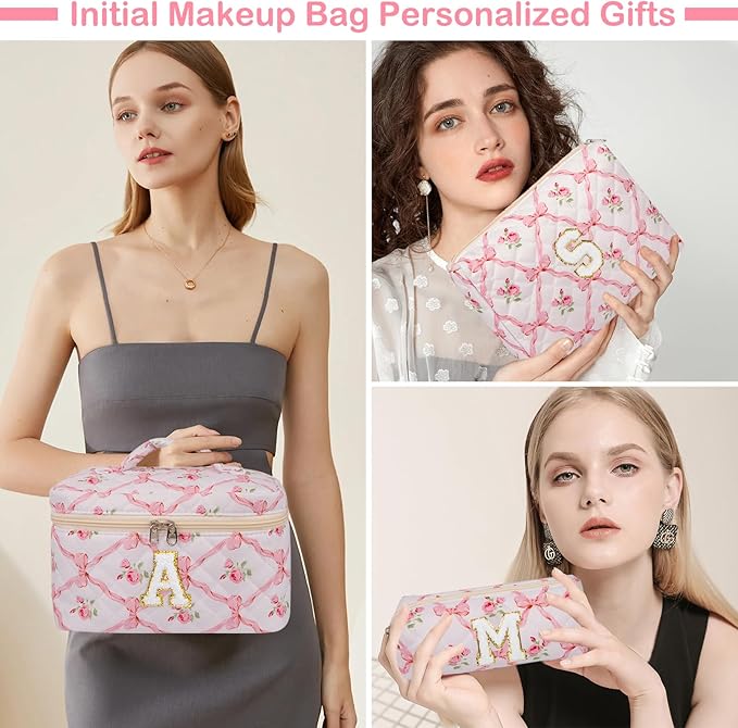 Makeup Bag, Quilted Cosmetic Bag, Large Floral Make Up Bag for Women Girls, Cute Big Cotton Makeup Bag Set, Flower Travel Toiletry Organizer Bag A