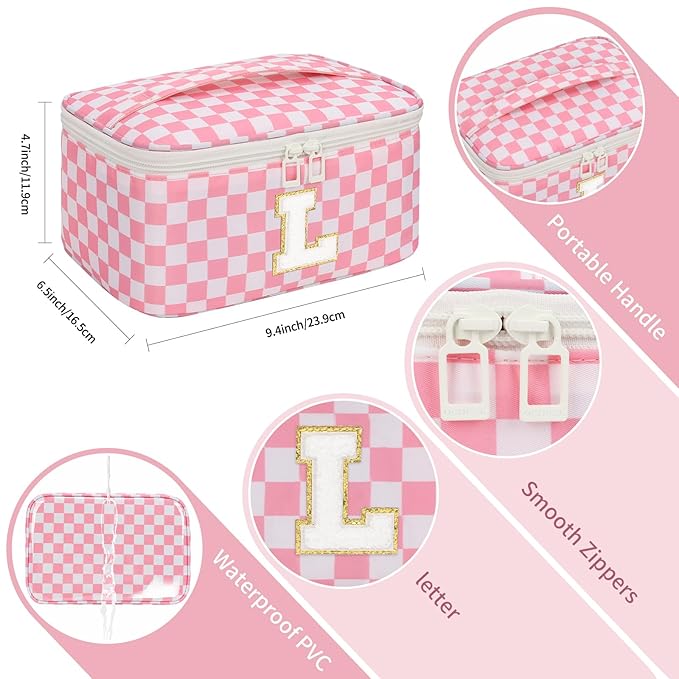 OCHEAL Makeup Bag for Women, Monogram Cosmetic Bag with Brush Holder, Pink Travel Makeup Case Beauty Toiletry Bag Organizer Personalized Gifts for Girls Bridesmaid, Sister, Wife, Friends Initial L
