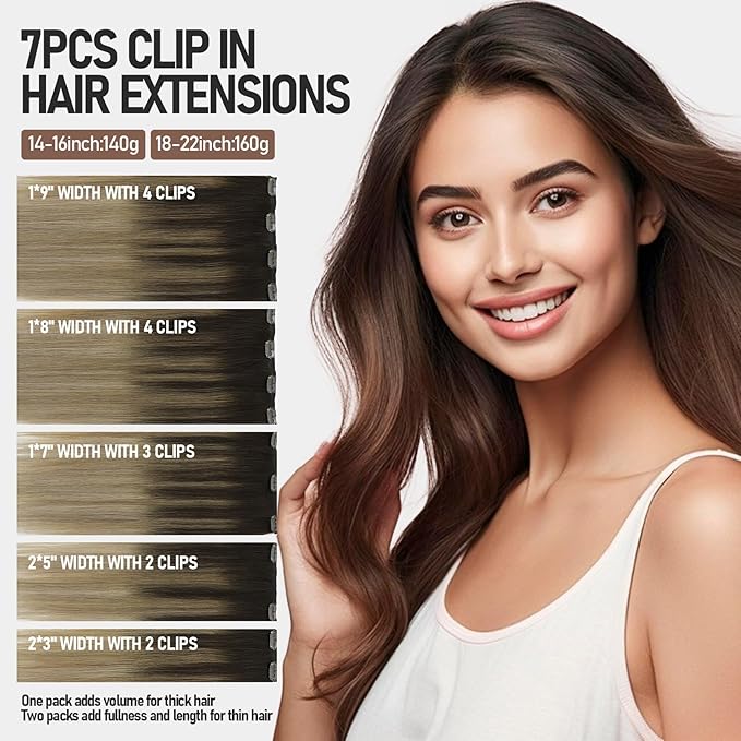 VINBAO Thicker Clip in Hair Extensions Real Human Hair, 16inch 140g 7Pcs, 2/6/18 Balayage Dark Brown to Dirty Blonde, Human Hair Clip in Hair Extensions Double Weft (#HC2618,16'')