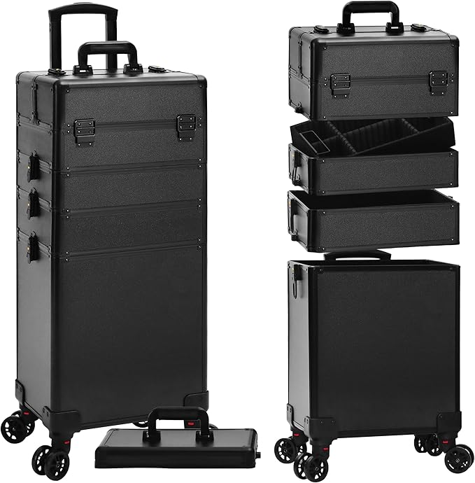 Profesional Rolling Makeup Train Case with Lid, 5 in 1 Cosmetology Case on Wheels, Large Cosmetic Trolley Organizer Travel for Hairstylist Artist Nail Beauty Salon Barber, Black