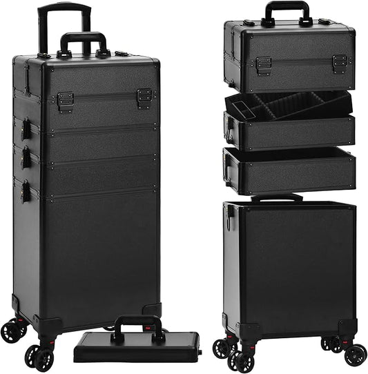 Profesional Rolling Makeup Train Case with Lid, 5 in 1 Cosmetology Case on Wheels, Large Cosmetic Trolley Organizer Travel for Hairstylist Artist Nail Beauty Salon Barber, Black