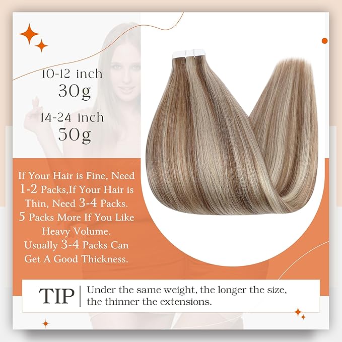 Full Shine Tape in Extensions Invisible 16 Inch Tape in Hair Extensions Human Hair Double Sided Tapes Hair 10P613 Golden Brown Highlighted Bleach Blonde Glue in Hair Extensions 50Gram 20pcs Add Volume