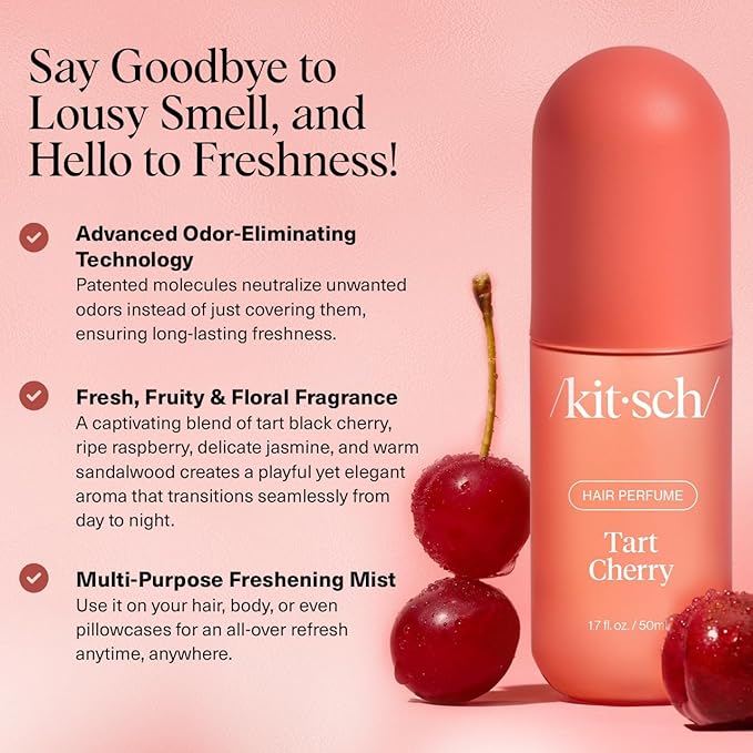 Kitsch Hair Perfume for Women - Tart Cherry | Clean, Deodorizing & Patented Odor-Eliminating Technology Hair Spray & Body Mist - Freshen Hair, Body & Pillows - Fruity Gourmand Scent & Vanilla - 50mL