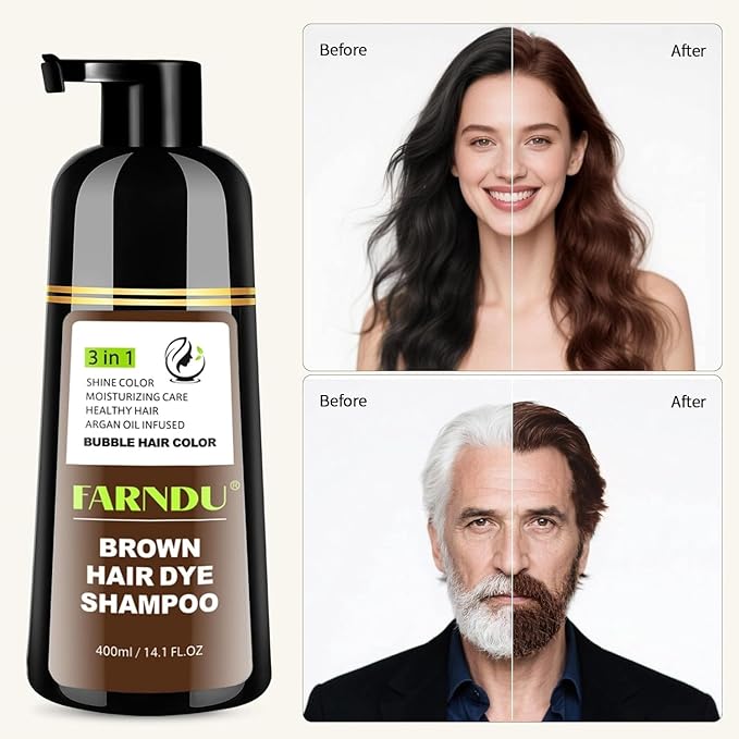 Brown Hair Dye Shampoo, 3 in 1 Instant Hair Color with 15 Min Gray Coverage, Natural Semi-Permanent Herbal Shampoo for Men & Women