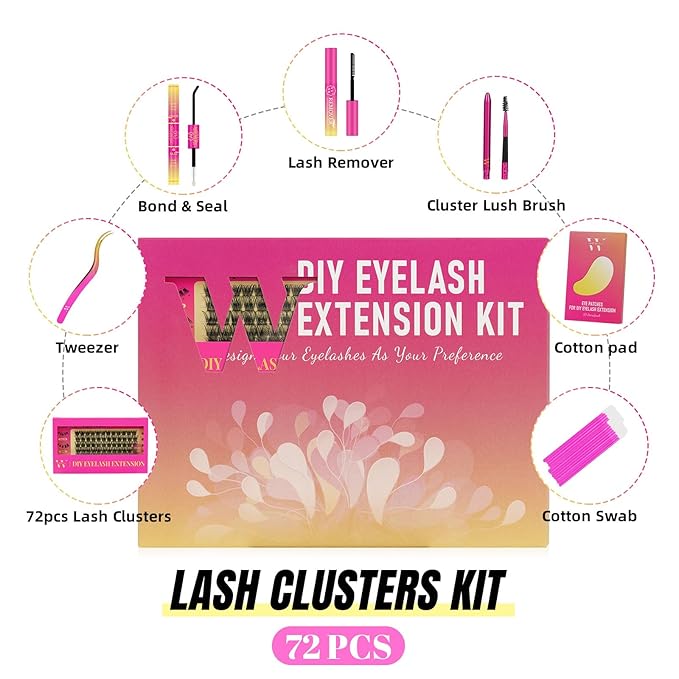 Lash Clusters Kit Individual Eyelash Extension Kit with 72 Pcs Cluster Lashes Bond and Seal Lash Remover Applicator and Complete Tools for DIY Fake Eyelashes Extension at Home (Baby Kit-D-Mix10-16mm)