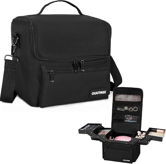 Makeup Travel Train Case, Black Makeup Carrying Organizer Bag, 4 Tier Professional Organizer Case with Straps Pockets for MakeUp Tools