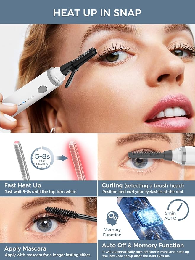 Smiling Shark Heated Eyelash Curler, 360°Wand-Style Heated Lash Brush Rechargeable with 3 Brush Heads & 3 Temp & 5s Fast Heating【Lengthen/Define/Curler】 3-in-1 Lash Curler for All Types of Lashes
