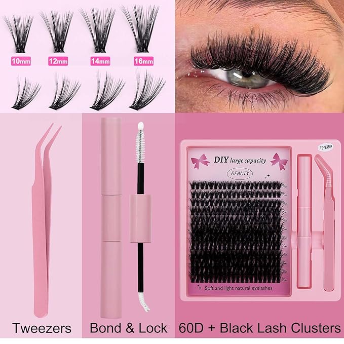 Lash Clusters Kit Eyelash Clusters Individual Lash Extension Kit 240 Pcs D Curly Cluster Lashes DIY Eyelash Extension Kit with Lash Bond and Seal Tweezers Brushes(6D Kit 10-16mm)