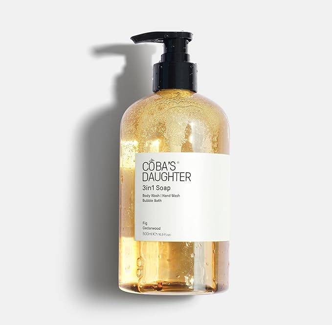 COBA'S DAUGHTER | 3in1 Bubble Bath, Body Wash & Hand Wash for Men and Women | Nourishing Fig & Cedarwood Scent Liquid Soap with Inulin & Seaweed Extract | Cleanses, Softens & Conditions Skin (16.9oz)