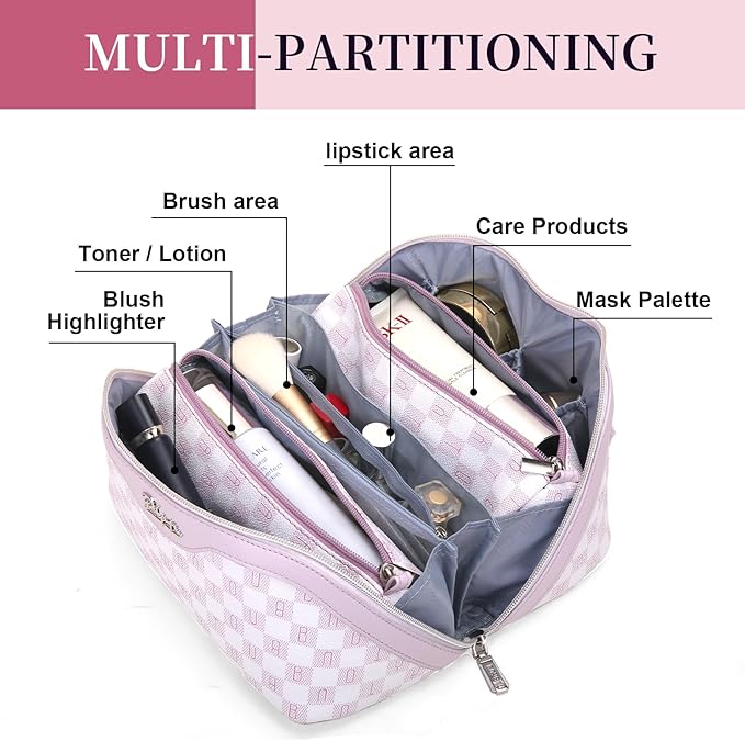 BOYATU Travel Makeup Bag Cosmetic Bags for Women: 3 Pcs Set Portable Make up Bag with Handle - Vegan Leather Toiletry Bags with Compartments - Makeup Organizer for Travel Essentials(C-5-Purple)