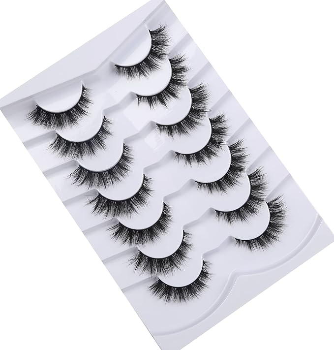 Pooplunch False Eyelashes Cat Eye Lashes Natural Clusters Short 8D Volume Wispy Faux Mink Lashes Fake Eyelash Strips 7 Pairs Pack